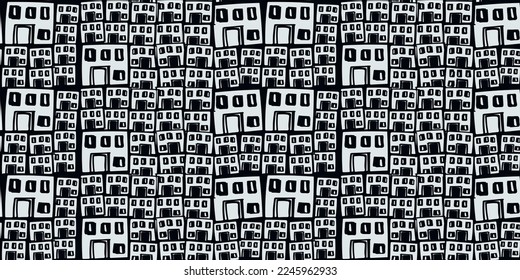 Black and white drawn two-story houses, children's drawing. Vecor print seamless, for interior, textiles, wallpaper and other surfaces.