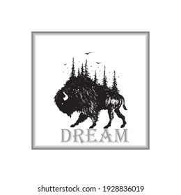 Black and white dream animal bison and sparrow landscape hybrid with trees, depicting adventures in the wild. Very suitable for phone wallpaper, tatto or t-shirt print design or anything you wan