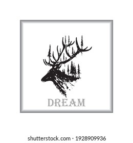 black and white dream animal deer and landscape hybrid with trees, depicting adventures in the wild. Very suitable for phone wallpaper, tattoo or t-shirt print design or anything you want