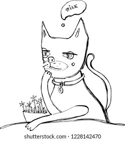 Black and white dreamy illustration of a cat