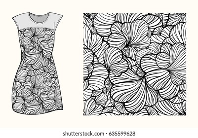 Black and white dress mock-up with floral seamless pattern decoration.