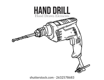 Black and white drill machine hand drawn sketch, outline, vector shape, easy to edit, repair tool