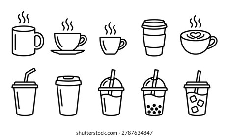 Black and white drink and coffee icon collection with beverage takeaway caffeine illustration