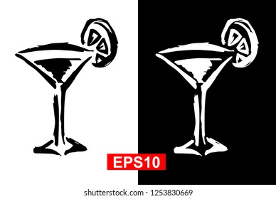 Black and White Drinks Beverage Cocktail Alcohol Wine Beer Glass Bar Hand Drawn / Sketch for Graphic Design, Shirt, Background, Logo, Icon and Template. Vector Illustration EPS10