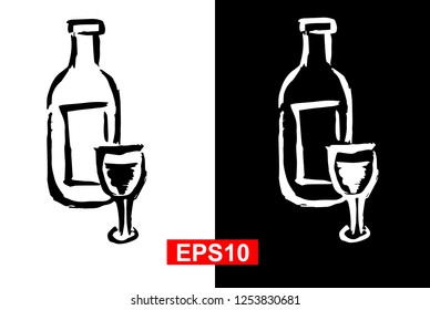 Black and White Drinks Beverage Cocktail Alcohol Wine Beer Glass Bar Hand Drawn / Sketch for Graphic Design, Shirt, Background, Logo, Icon and Template. Vector Illustration EPS10