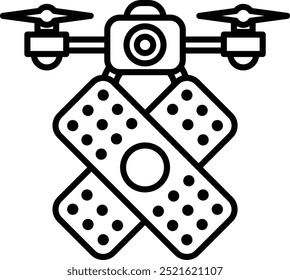 A black and white drone with a camera on top. The drone is holding a box of bandages