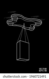 Black and White Drone Quadrocopter with Cubic Box Isolated on Black Background. Aircraft Provides Necessary Delivery of Goods. Vector. 3D Illustration