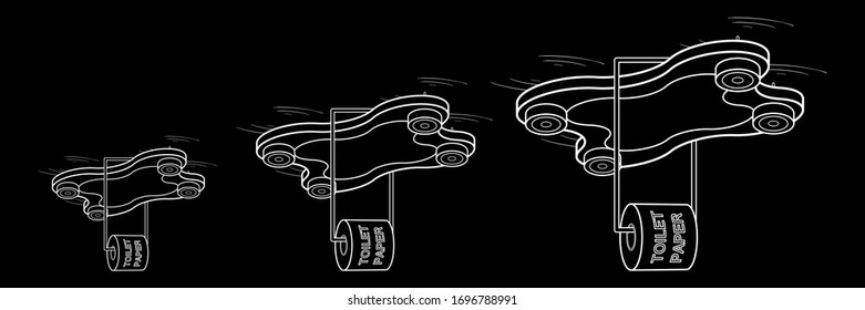 Cuadrocopio de drones blancos y negros con rollo de papel higiénico aislado en fondo negro. Las aeronaves proporcionan la entrega de mercancías necesaria. Vector. Ilustración 3D