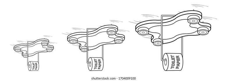 Black and White Drone Quadrocopter with Roll of Toilet Paper Isolated on White Background. Aircraft Provides Necessary Delivery of Goods. Vector. 3D Illustration