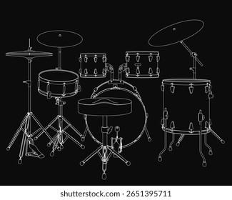A ilustração de conjunto de tambor preto e branco apresenta um bumbo, snare drum, toms e pratos dispostos simetricamente em um fundo escuro. A arte da linha limpa destaca a dinâmica do instrumento musical.