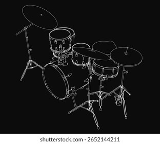 Ilustração de conjunto de tambor preto e branco com um bumbo, snare tambor, toms, e címbalos dispostos simetricamente em um fundo escuro. A arte da linha limpa destaca a dinâmica do instrumento musical.