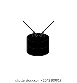 Black and white drum, vector icon. Drum with sticks.