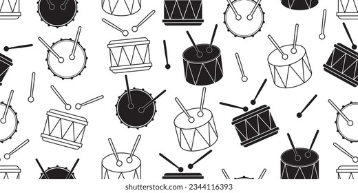 black white drums and drum sticks seamless pattern