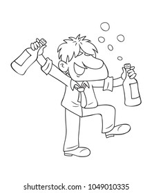 Black And White Drunken Businessman Holding Beer Bottle, vector illustration cartoon