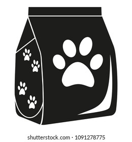 Black and white dry cat food bag silhouette. Simple supply for domestic animal. Pet care themed vector illustration for icon, sticker, patch, label, sign, badge, certificate or gift card decoration