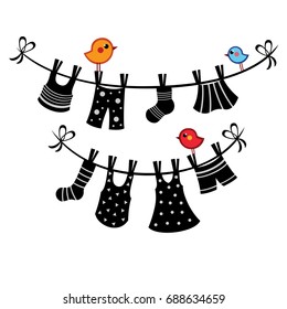 Black and white drying clothes hanging on a washing rope with color little birds around it. Summer vector illustration. Socks, trousers, skirt and a dress with white spots and stripes.