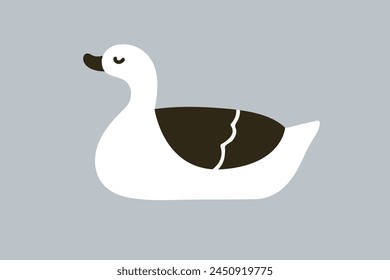 Black and white duck in doodle Scandinavian style. Cute adorable bird floating. Water animal, poultry, side view. Scandi duckling, fowl, quack. Kids childish flat graphic vector illustration