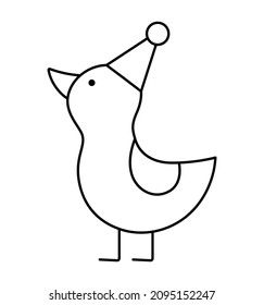 Black and white duck in a holiday hat. Vector circus or birthday animal. Amusement bird line icon. Cute funny festival character clip art. Street show comedian illustration or coloring page
