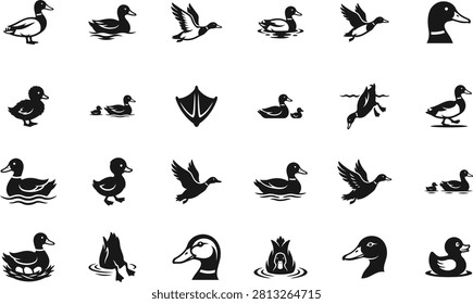 Black and White Duck Icons Set with Flying Swimming and Nesting Birds