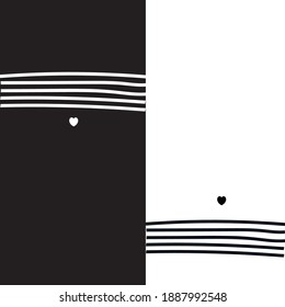 Black and white duo monotone background vector with stripes and heart