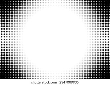 Banner de duotón blanco negro con espacio vacío en el centro. Gradiente de puntos de semitono. Fondo de arte pop cómico. Patrón de desvanecimiento de medio tono. Marco circular de caricatura. Plantilla de cubierta monocroma. Ilustración del vector