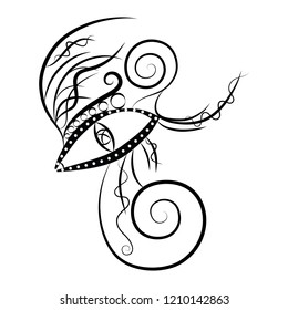 Black and white dynamic fantasy vector design of a monster's eye with swirly eyelashes looking straight at the viewer