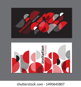 Black and white dynamic geometric composition.  Vintage vibes modernism style round shapes modular shapes in abstract concept horizontal poster. Red, black and white classic revolution colors music ba