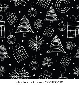 Black and white dynamic vector design of Christmas seamless pattern with white gifts, snowflakes, baubles, falling snow  and Christmas trees, containing tribal elements on black background