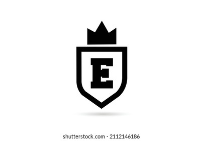 black and white E alphabet letter logo icon with shield and king crown design. Creative template for business and company