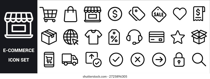 Conjunto de iconos de comercio electrónico en blanco y negro con bolsa de Carrito de la tienda venta de etiquetas de dólar corazón comercio electrónico compras