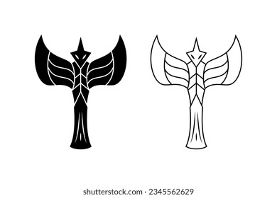 black white eagle axe illutration. simple, silhouette, line art style. used for label, brand, emblem, symbol, icon
