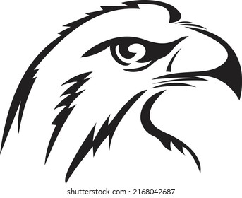 A black and white eagle bird with face and large wings. Isolated vector tattoo on white background.