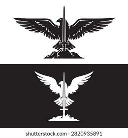 Black and white eagle bird with a sharp sword emblem icon logo design Vector