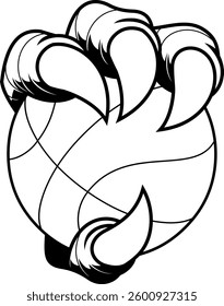 Black And White Eagle Claw Gripping Basketball Mascot Logo. Vector Hand Drawn Illustration Isolated On Transparent Background