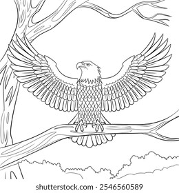 Um preto e branco a águia colorindo arte de linha do livro 