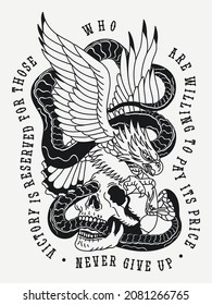 Aguila blanca y negra luchando con serpiente en un cráneo Estilo de tatuaje tradicional Ilustración para ropa y otros usa base blanca