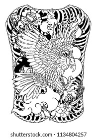 Black and white Eagle flying tattoo.Traditional Japanese eagle with Thai flower on cloud tattoo.White headed American bird tattoo design.