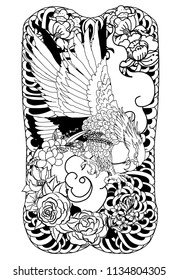 Black and white Eagle flying tattoo.Traditional Japanese eagle with Thai flower on cloud tattoo.White headed American bird tattoo design.