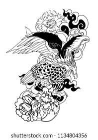 Black and white Eagle flying tattoo.Traditional Japanese eagle with Thai flower on cloud tattoo.White headed American bird tattoo design.