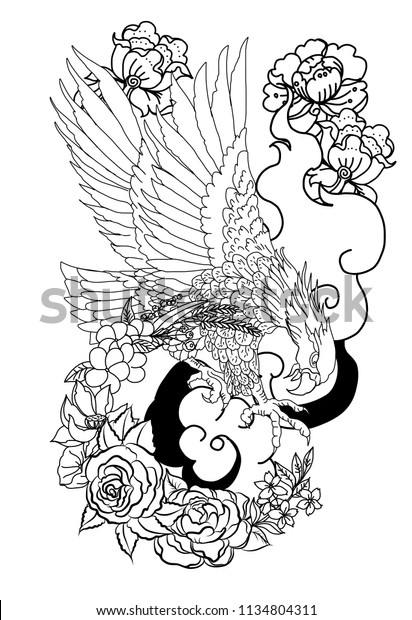 Black White Eagle Flying Tattootraditional Japanese Stock Vector Royalty Free 1134804311