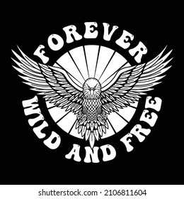 Black and White Eagle Illustration with Open Wings and Slogan Artwork on Black Background
