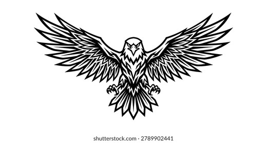 Black and white eagle illustration with outstretched wings and sharp talons symbolizing freedom and strength