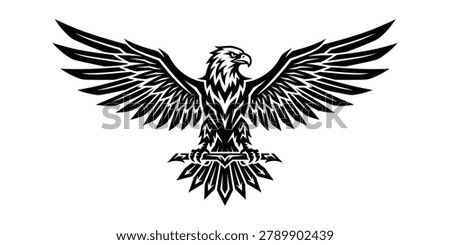 Black and white eagle logo with outstretched wings holding a sword