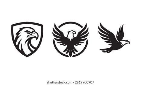 Black and White Eagle Logo Vector Set featuring Shield Emblem and Flying Hawk Mascot Icons