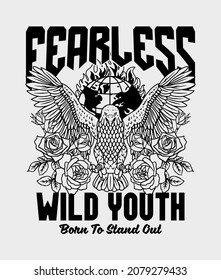 Black And White Eagle with Rose Illustration and Wild Youth Slogan Artwork on White Background For Apparel and Other Uses