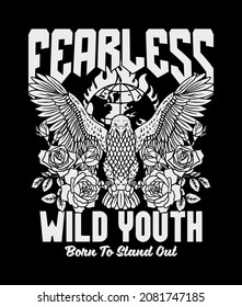 Black And White Eagle with Rose Illustration and Wild Youth Slogan Artwork on Black Background For Apparel and Other Uses