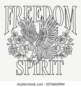 Águila blanca y negra con rosas y vectores de eslóganes de espíritu de libertad sobre fondo blanco para ropa y otros usos