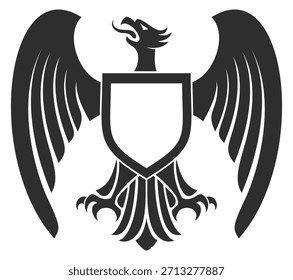 Uma águia preta e branca com um escudo no peito