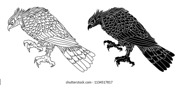 Black and white Eagle tattoo isolate vector.Hand drawn traditional Japanese Eagle.Native American Eagle attacking.Old-school tattoo design.coloring book.