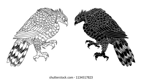 Black and white Eagle tattoo isolate vector.Hand drawn traditional Japanese Eagle.Native American Eagle attacking.Old-school tattoo design.coloring book.